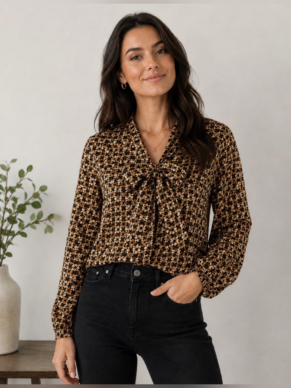 Investments Brown Floral Tie-Neck Long-Sleeve Blouse